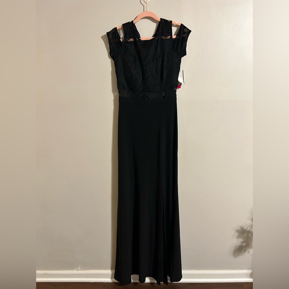 Long black satin dress with lace top.